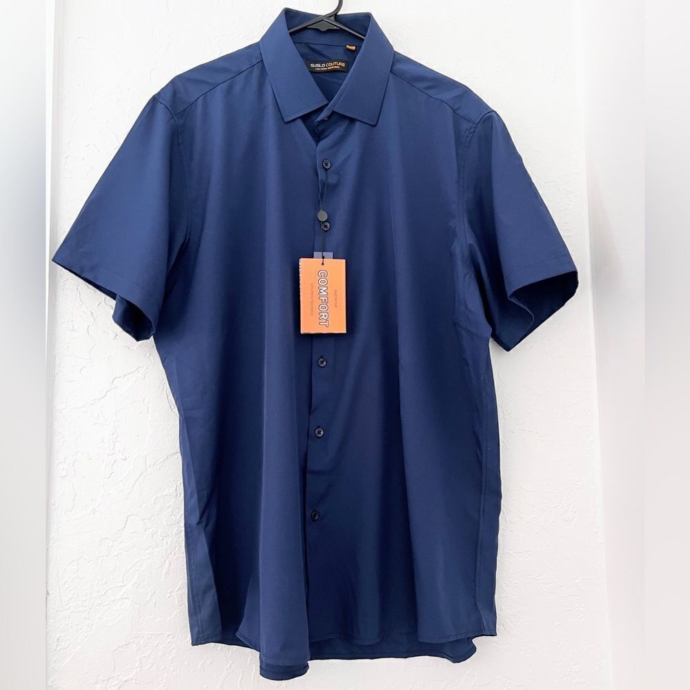 Mens shirt casual Fit Performance Short Sleeves Solid Button navy blue - Picture 4 of 10